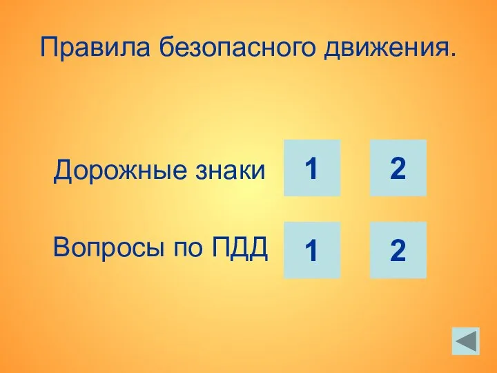 Правила безопасного движения. Дорожные знаки Вопросы по ПДД 1 2 1 2