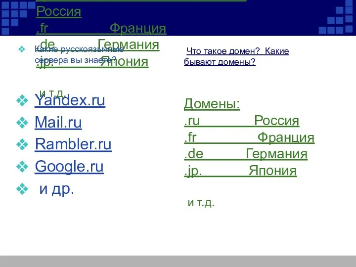 Что такое домен? Какие бывают домены? Домены: .ru Россия .fr
