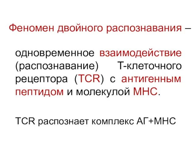 Феномен двойного распознавания – одновременное взаимодействие (распознавание) T-клеточного рецептора (TCR) с антигенным пептидом