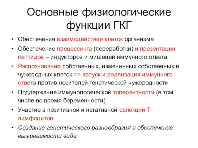 Основные физиологические функции ГКГ Обеспечение взаимодействия клеток организма Обеспечение процессинга (переработки) и презентации