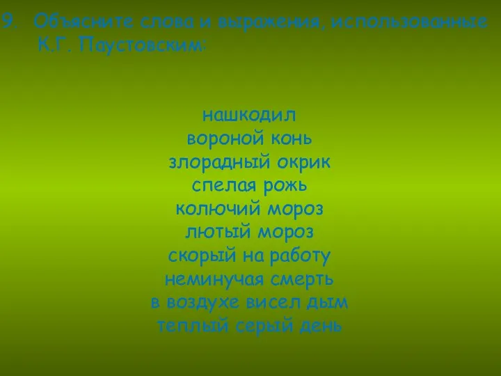 Объясните слова и выражения, использованные К.Г. Паустовским: нашкодил вороной конь