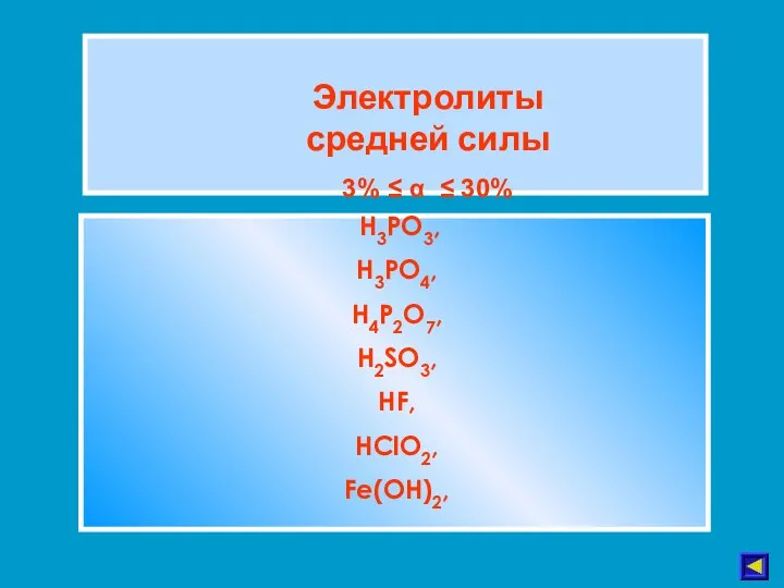 Электролиты средней силы 3% ≤ α ≤ 30% H3PO3, H3PO4, H4P2O7, H2SO3, HF, HClO2, Fe(OH)2,