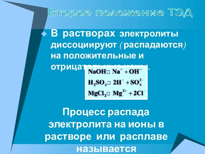 В растворах электролиты диссоциируют ( распадаются) на положительные и отрицательные