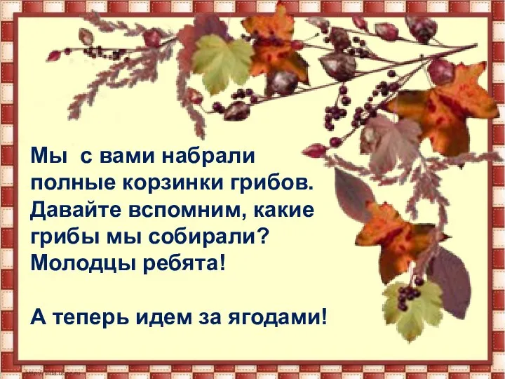 Мы с вами набрали полные корзинки грибов. Давайте вспомним, какие