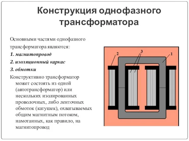 Конструкция однофазного трансформатора Основными частями однофазного трансформатора являются: 1. магнитопровод