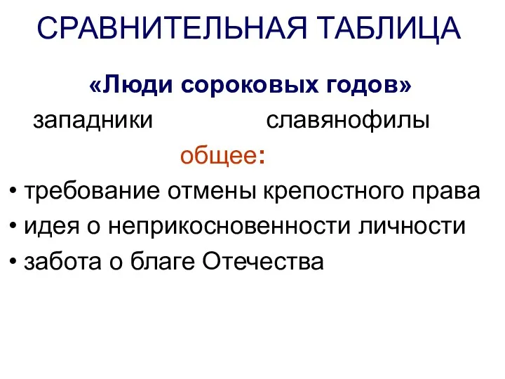 СРАВНИТЕЛЬНАЯ ТАБЛИЦА «Люди сороковых годов» западники славянофилы общее: требование отмены