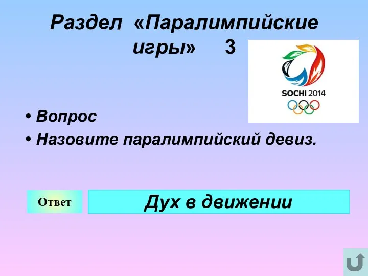 Раздел «Паралимпийские игры» 3 Вопрос Назовите паралимпийский девиз. Ответ Дух в движении