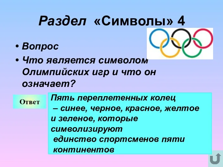 Раздел «Символы» 4 Вопрос Что является символом Олимпийских игр и