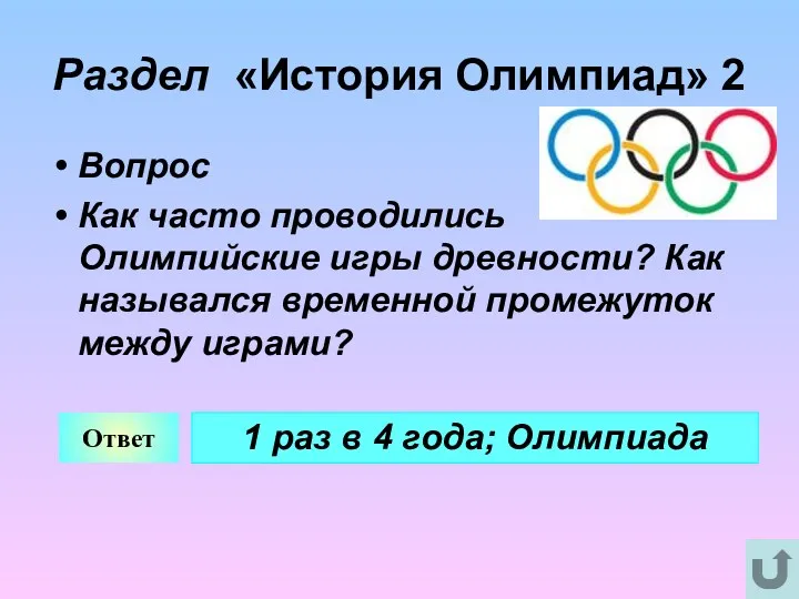 Раздел «История Олимпиад» 2 Вопрос Как часто проводились Олимпийские игры