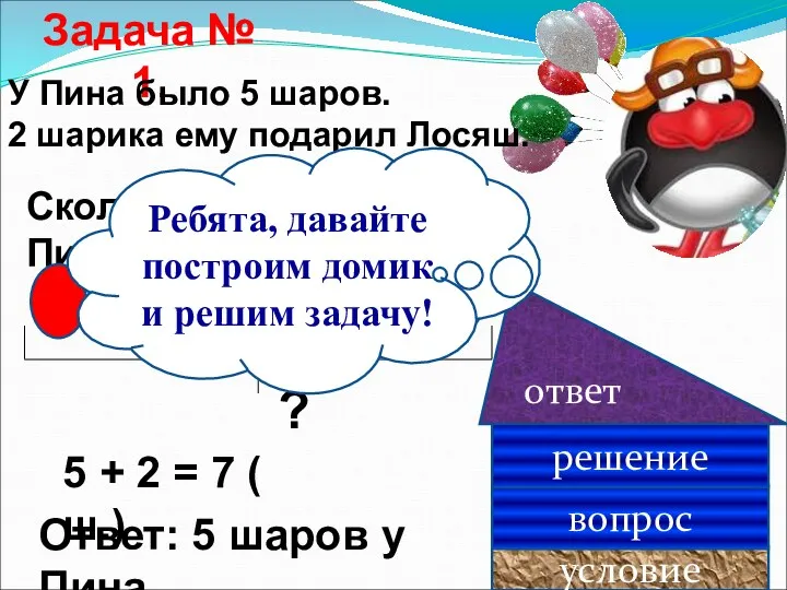 Задача № 1. У Пина было 5 шаров. 2 шарика