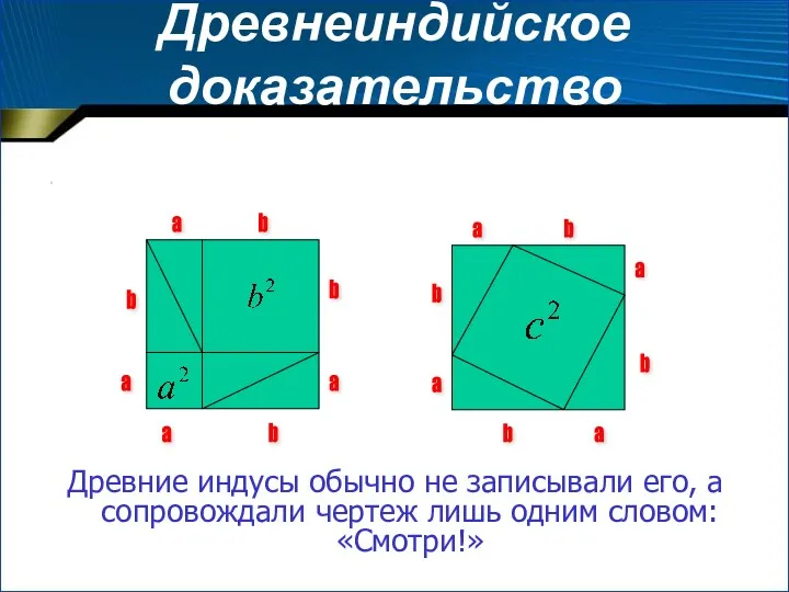 Древнеиндийское доказательство теоремы. . Древние индусы обычно не записывали его, а сопровождали чертеж