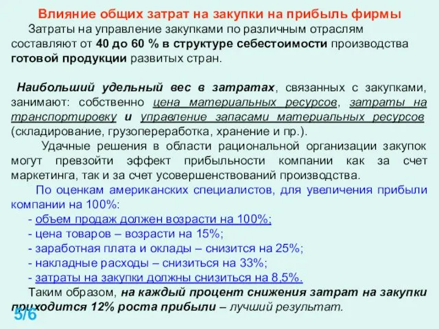 Влияние общих затрат на закупки на прибыль фирмы Затраты на