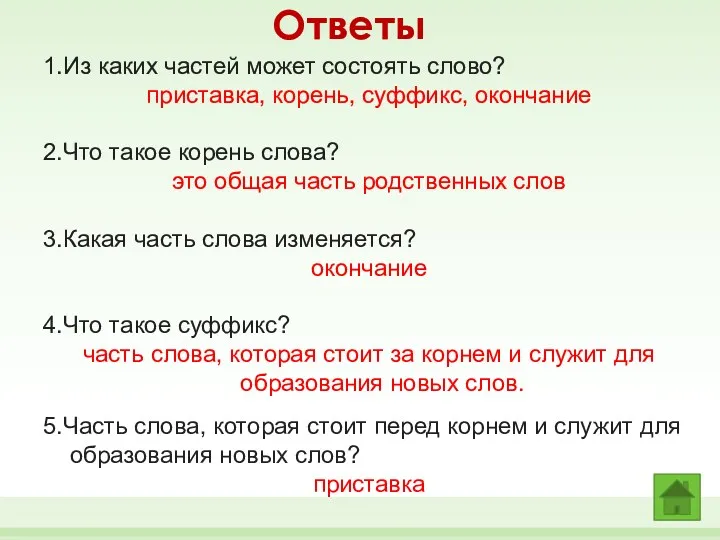 Ответы 1.Из каких частей может состоять слово? приставка, корень, суффикс, окончание 2.Что такое