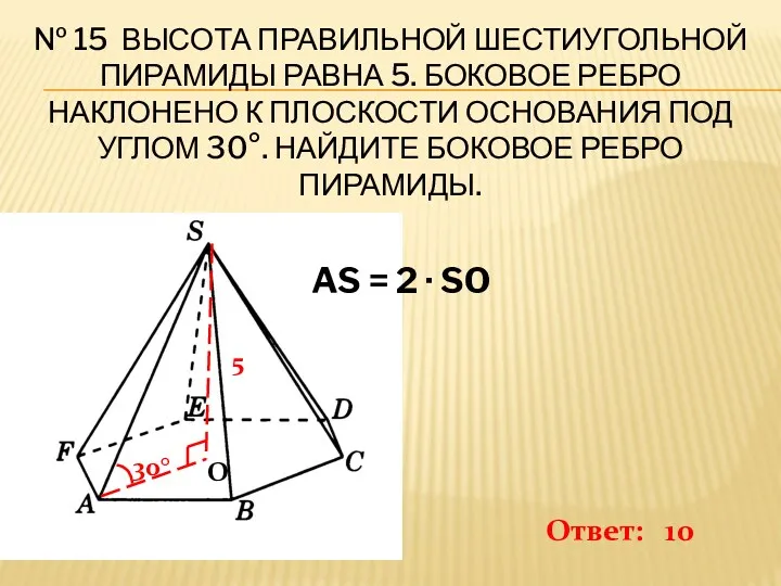 № 15 Высота правильной шестиугольной пирамиды равна 5. Боковое ребро наклонено к плоскости