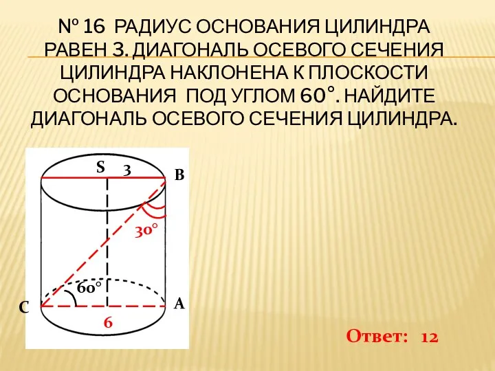 № 16 Радиус основания цилиндра равен 3. Диагональ осевого сечения цилиндра наклонена к