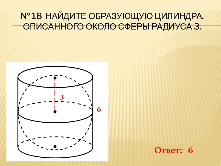 № 18 Найдите образующую цилиндра, описанного около сферы радиуса 3. 3 6 Ответ: 6