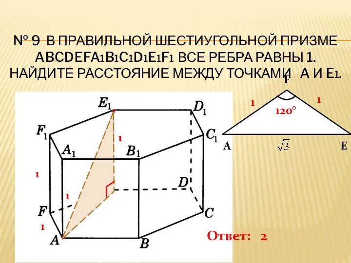 № 9 В правильной шестиугольной призме ABCDEFA1B1C1D1E1F1 все ребра равны 1. Найдите расстояние