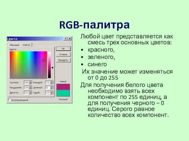 RGB-палитра Любой цвет представляется как смесь трех основных цветов: красного, зеленого, синего Их