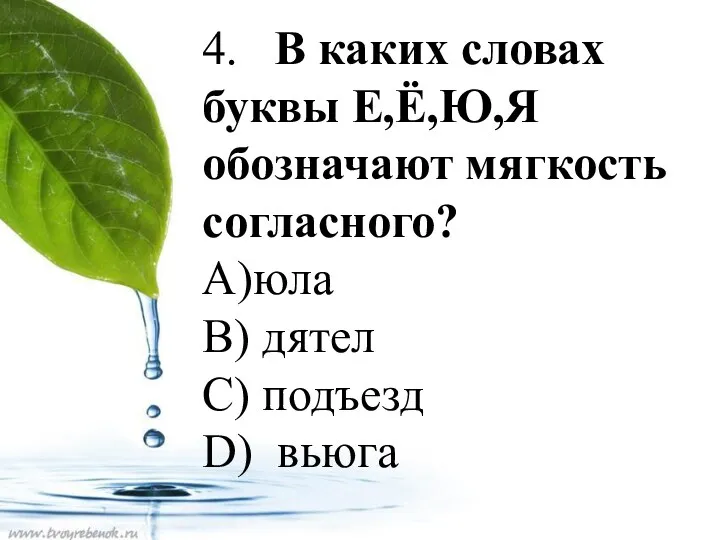 4. В каких словах буквы Е,Ё,Ю,Я обозначают мягкость согласного? А)юла В) дятел С) подъезд D) вьюга