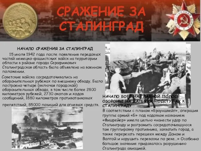 СРАЖЕНИЕ ЗА СТАЛИНГРАД НАЧАЛО СРАЖЕНИЯ ЗА СТАЛИНГРАД 15 июля 1942