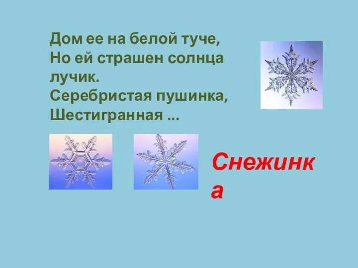 Дом ее на белой туче, Но ей страшен солнца лучик. Серебристая пушинка, Шестигранная ... Снежинка