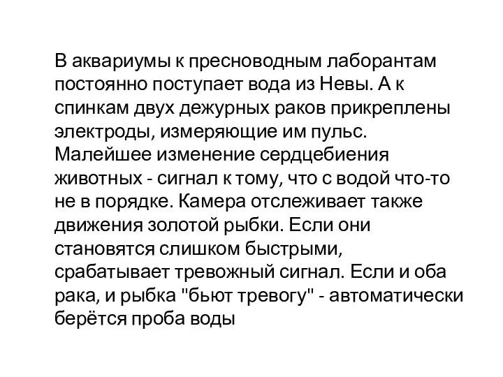 В аквариумы к пресноводным лаборантам постоянно поступает вода из Невы. А к спинкам