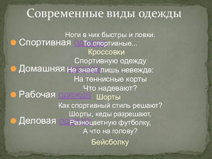 Спортивная одежда Домашняя одежда Рабочая одежда Деловая одежда Современные виды