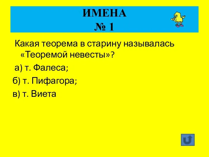 ИМЕНА № 1 Какая теорема в старину называлась «Теоремой невесты»? а) т. Фалеса;