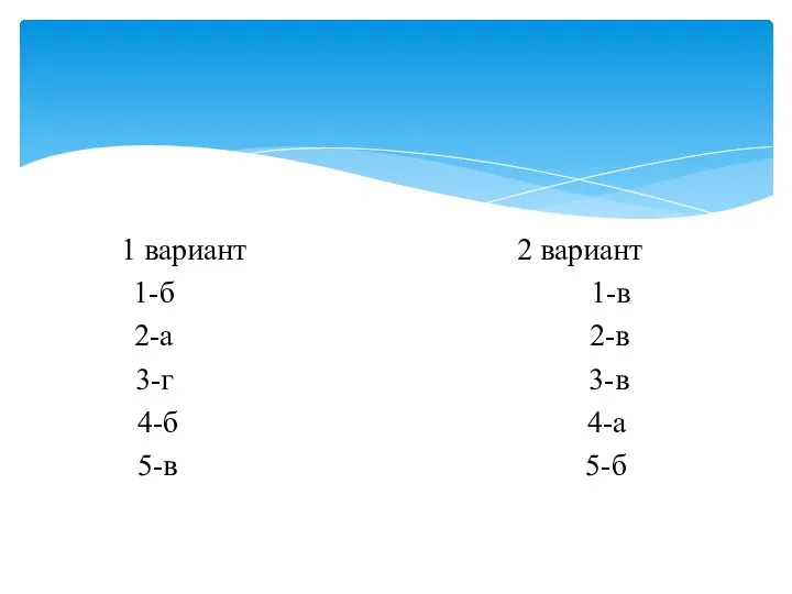 1 вариант 2 вариант 1-б 1-в 2-а 2-в 3-г 3-в 4-б 4-а 5-в 5-б