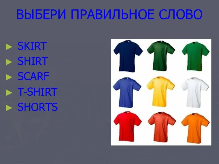 ВЫБЕРИ ПРАВИЛЬНОЕ СЛОВО SKIRT SHIRT SCARF T-SHIRT SHORTS