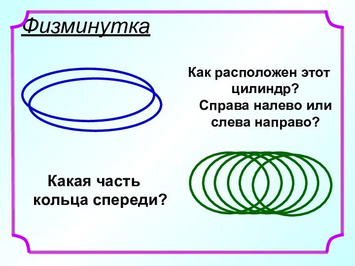 Какая часть кольца спереди? Физминутка Как расположен этот цилиндр? Справа налево или слева направо?