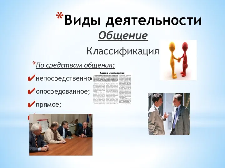 Виды деятельности Общение Классификация По средствам общения: непосредственное; опосредованное; прямое; косвенное.