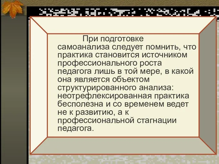 При подготовке самоанализа следует помнить, что практика становится источником профессионального