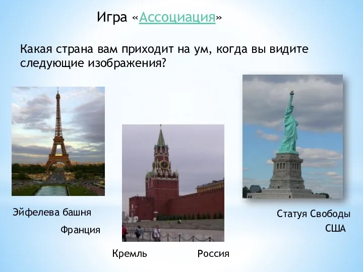 Игра «Ассоциация» Франция США Эйфелева башня Статуя Свободы Какая страна вам приходит на