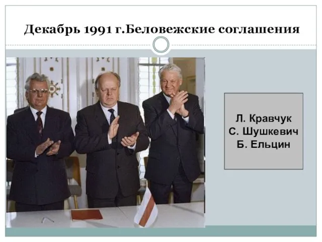 Л. Кравчук С. Шушкевич Б. Ельцин Декабрь 1991 г.Беловежские соглашения