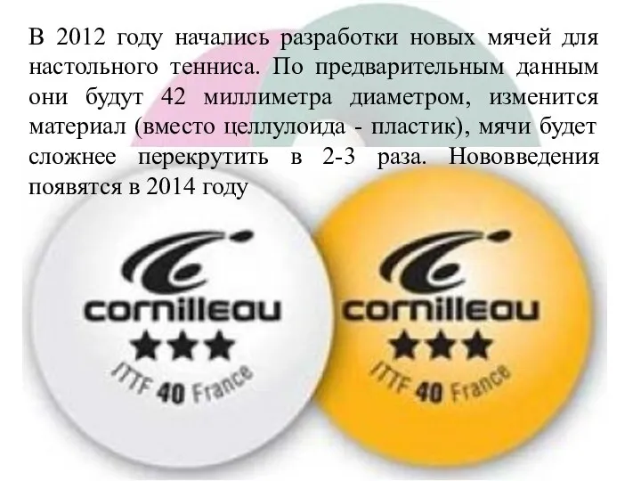 В 2012 году начались разработки новых мячей для настольного тенниса. По предварительным данным