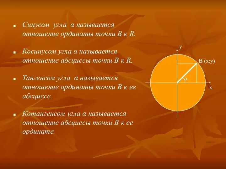 Синусом угла α называется отношение ординаты точки В к R.