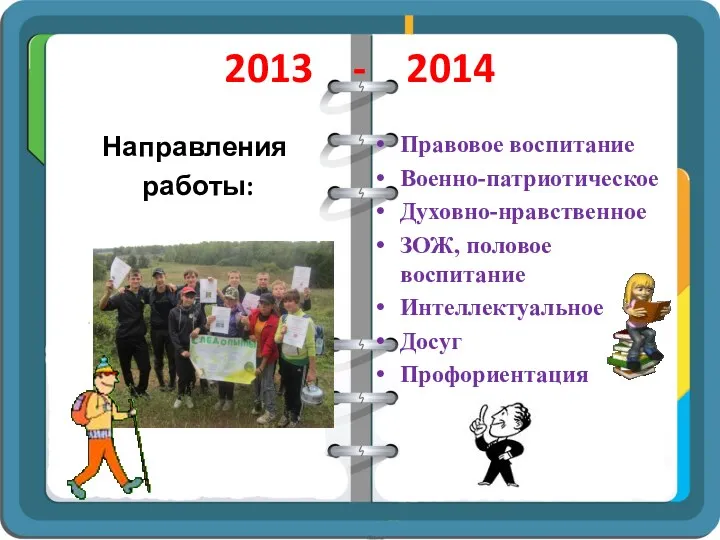 2013 - 2014 Направления работы: Правовое воспитание Военно-патриотическое Духовно-нравственное ЗОЖ, половое воспитание Интеллектуальное Досуг Профориентация