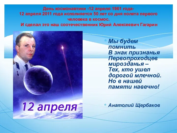 День космонавтики -12 апреля 1961 года- 12 апреля 2011 года