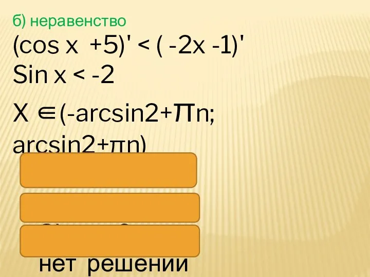 б) неравенство (cos x +5)' Sin x X (-arcsin2+n; arcsin2+n)