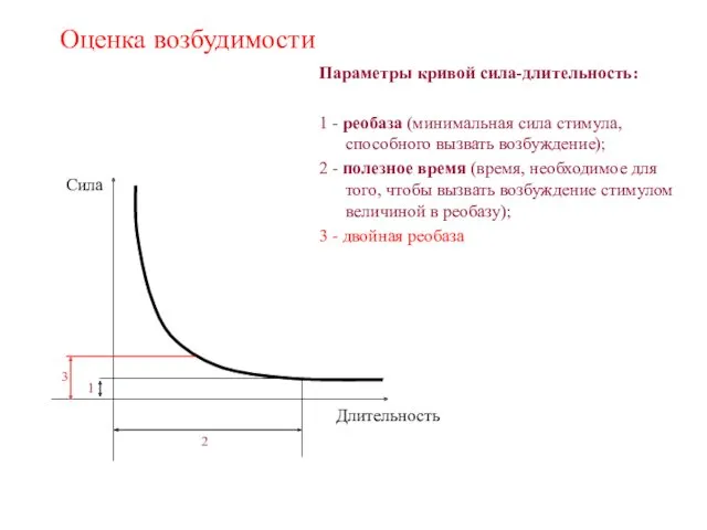 Оценка возбудимости Параметры кривой сила-длительность: 1 - реобаза (минимальная сила