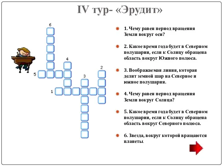 IV тур- «Эрудит» 1. Чему равен период вращения Земли вокруг