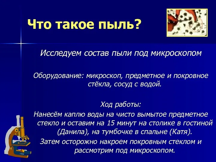 Что такое пыль? Исследуем состав пыли под микроскопом Оборудование: микроскоп,