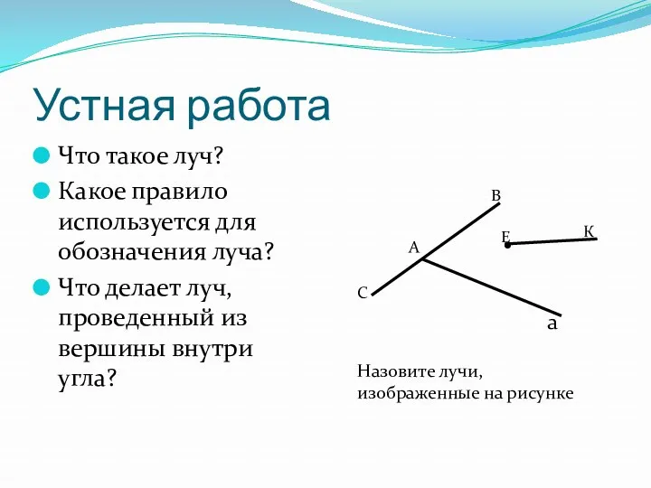 Устная работа Что такое луч? Какое правило используется для обозначения