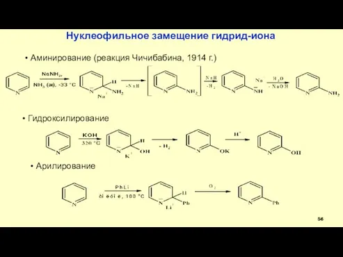 Аминирование (реакция Чичибабина, 1914 г.) Нуклеофильное замещение гидрид-иона Арилирование Гидроксилирование