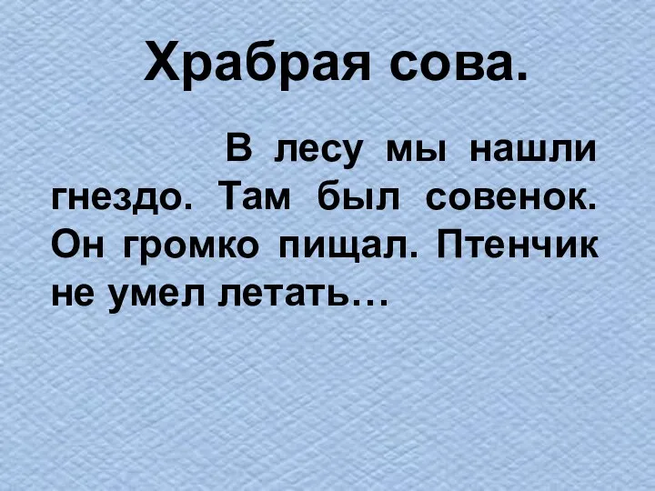 В лесу мы нашли гнездо. Там был совенок. Он громко пищал. Птенчик не