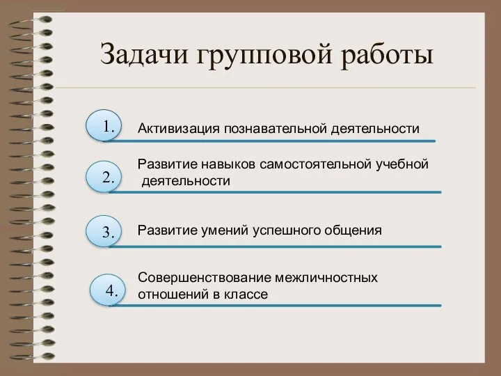 Задачи групповой работы 1. Активизация познавательной деятельности 2. 4. 3.