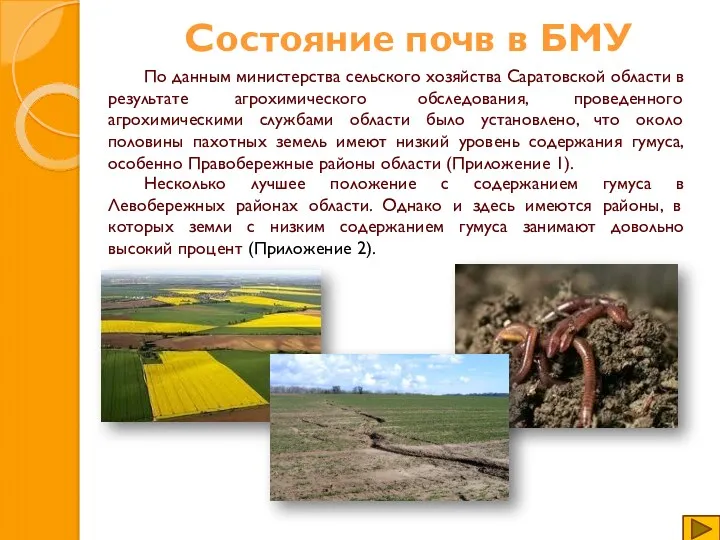 Состояние почв в БМУ По данным министерства сельского хозяйства Саратовской
