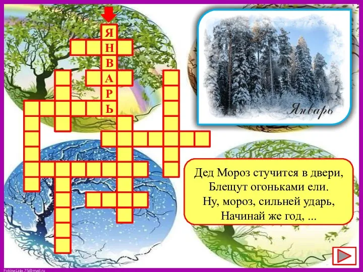 Дед Мороз стучится в двери, Блещут огоньками ели. Ну, мороз, сильней ударь, Начинай же год, ...