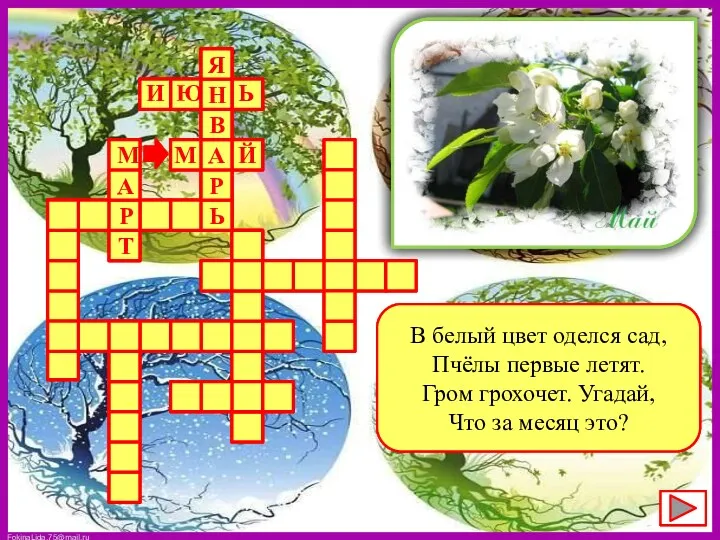 В белый цвет оделся сад, Пчёлы первые летят. Гром грохочет. Угадай, Что за месяц это?